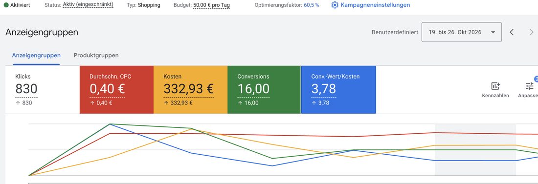 Google Ads, neue Shopping-Kampagne in der ersten Woche