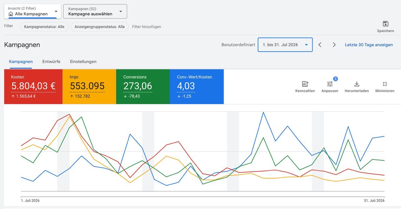 Google Ads, Konto eines Online-Shops · Juli 2026